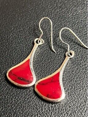 B6991 VTG ATI Sterling Silver Dangle Earrings Red Jasper Inlay Teardrop 1.5"